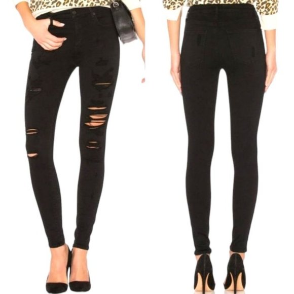 Agolde Denim - AGOLDE Women's Black Ripped Skinny Leg Stretch High Rise Denim Jean Destroyed 25